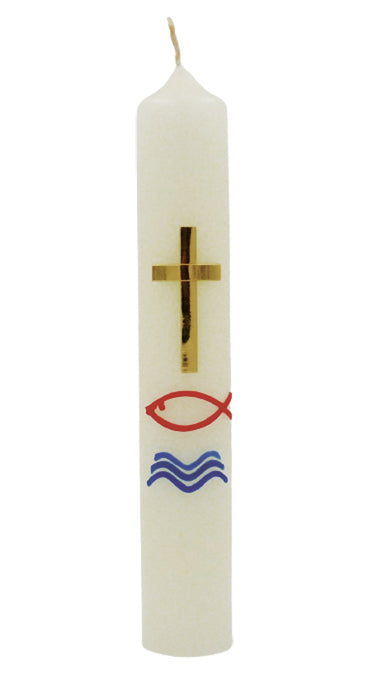 Taufkerze mit Kreuz und Fisch